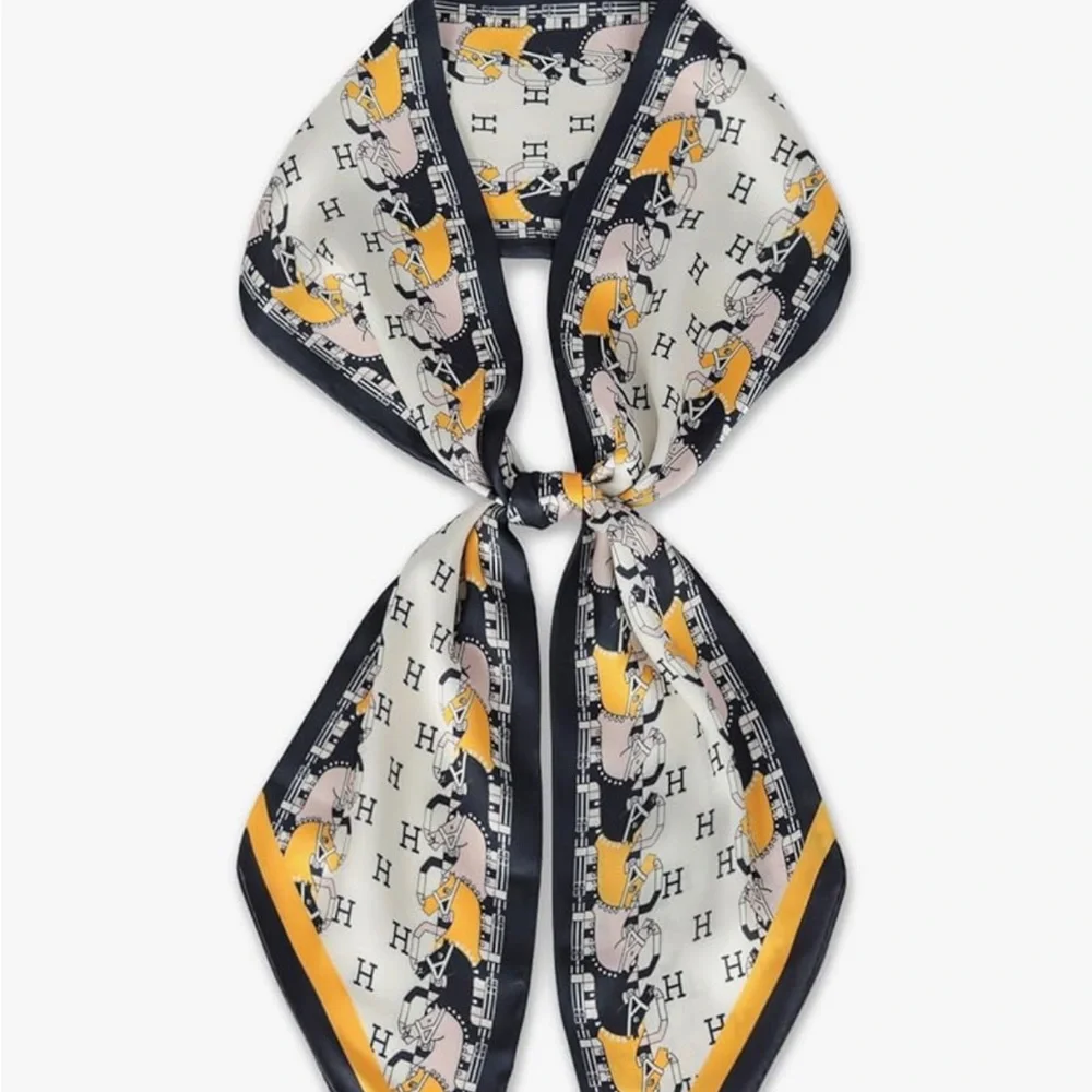 Elegant Black and Yellow Horse Silky Twilly Scarf Long Luxury Expensive Quality